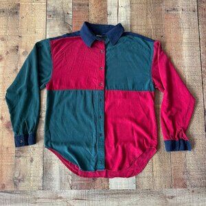 Maurices Vintage Women's Size Medium Colorblock Silk Button-Up Shirt Red Green